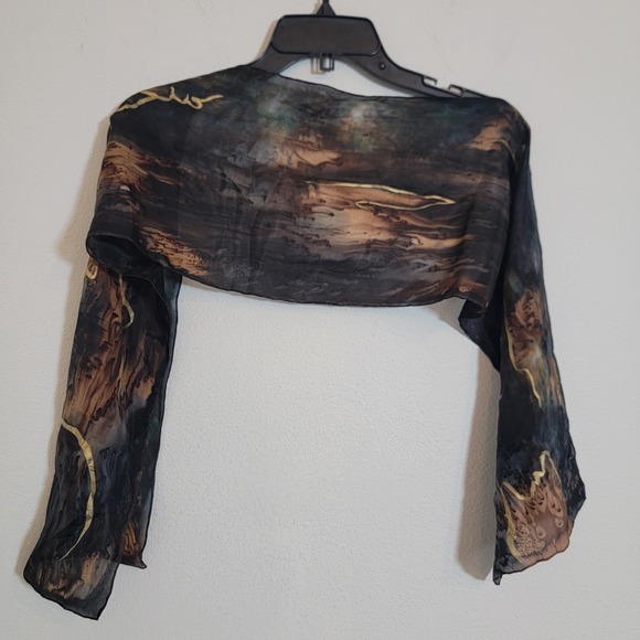 Dan Dee Silk Scarf Hand Painted 9x52 Abstract Swirl Gray Brown Blue Gold - Picture 10 of 11